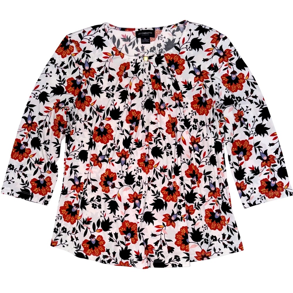 Liz Claiborne Professional Top Womens XL Floral 3/4 Sleeve Keyhole Art Teacher